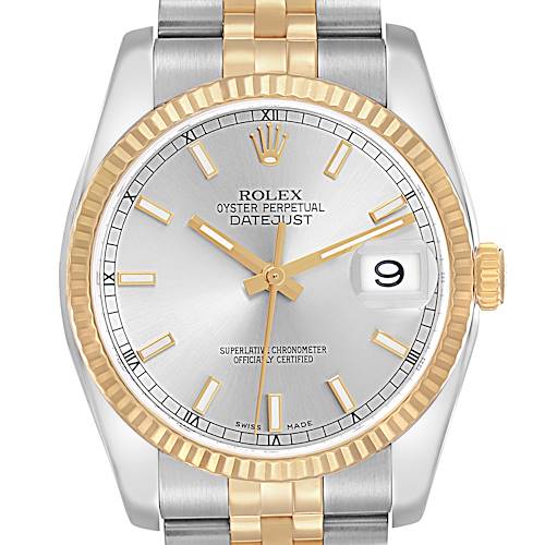 The Rolex Datejust 116233 Men's Steel and Gold (two tone) Silver Dial watch is shown from the front, highlighting the dial, bezel, markers, hands, date window, and bracelet.
