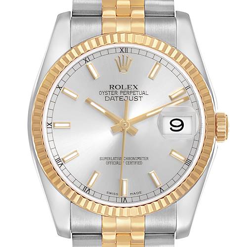 The Rolex Datejust 116233 Men's Steel and Gold (two tone) Silver Dial watch is shown from the front, highlighting its gold and silver case, bracelet, fluted bezel, and dial.