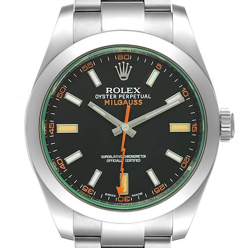 This image shows a front view of the Rolex Milgauss 116400GV Men's Stainless Steel Black Dial 116400GV Men's Stainless Steel Black Dial watch, displaying its dial, hands, case, and a portion of the bracelet.