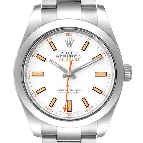 The image shows a front view of a Rolex Milgauss 116400 Men's Stainless Steel White Dial 116400 Men's Stainless Steel White Dial watch displaying the dial, hands, crown, and part of the bracelet.