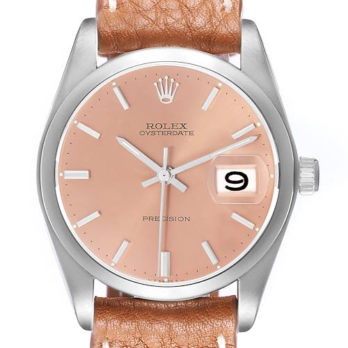 The Rolex Vintage Collection 6694 Men's Stainless Steel Pink Dial model is shown from a front angle, displaying the dial, crown, and a portion of the leather strap.