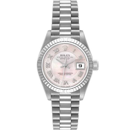 The image shows a front view of a Rolex President 79179 Women's White Gold Mother of Pearl Dial 79179 Women's White Gold Mother of Pearl Dial model watch, highlighting the face, bezel, and bracelet.