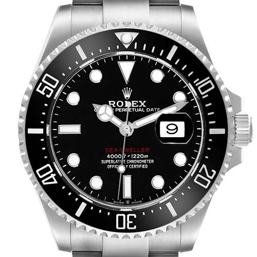 The image shows a front view of the Rolex Sea-Dweller 126600 Men's Stainless Steel Black Dial watch, highlighting the dial, bezel, crown, and bracelet.