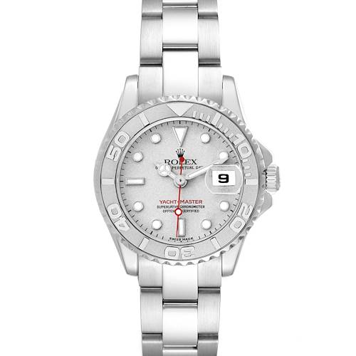 The Rolex Yacht-Master 169622 Women's Stainless Steel Silver Dial watch is shown from a front angle, displaying its face, bezel, and bracelet.
