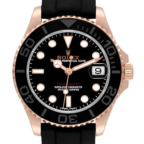 The image shows a front view of a Rolex Yacht-Master 268655 Men's Rose Gold Black Dial 268655 Men's Rose Gold Black Dial watch, highlighting the dial, bezel, and part of the strap.