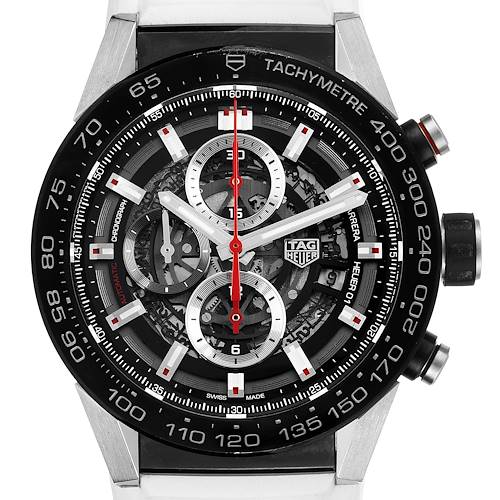The image shows a frontal view of the Tag Heuer Carrera CAR2A1Z.FT6051 Men's Stainless Steel Black Dial CAR2A1Z.FT6051 Men's Stainless Steel Black Dial watch face, highlighting the tachymeter, subdials, and brand logo.