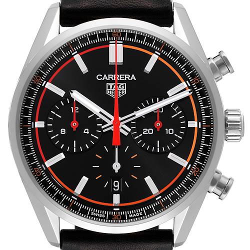 The Tag Heuer Carrera CBN201C Men's Stainless Steel Black Dial watch is shown from a front angle, displaying its dial, subdials, and crown with pushers.