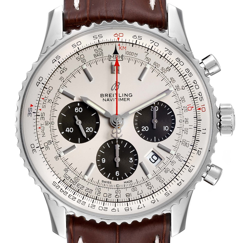 The image shows a front view of a Breitling Navitimer AB0120 Men's Stainless Steel Silver Dial AB0120 Men's Stainless Steel Silver Dial watch, displaying its dial, bezel, and brown leather strap.
