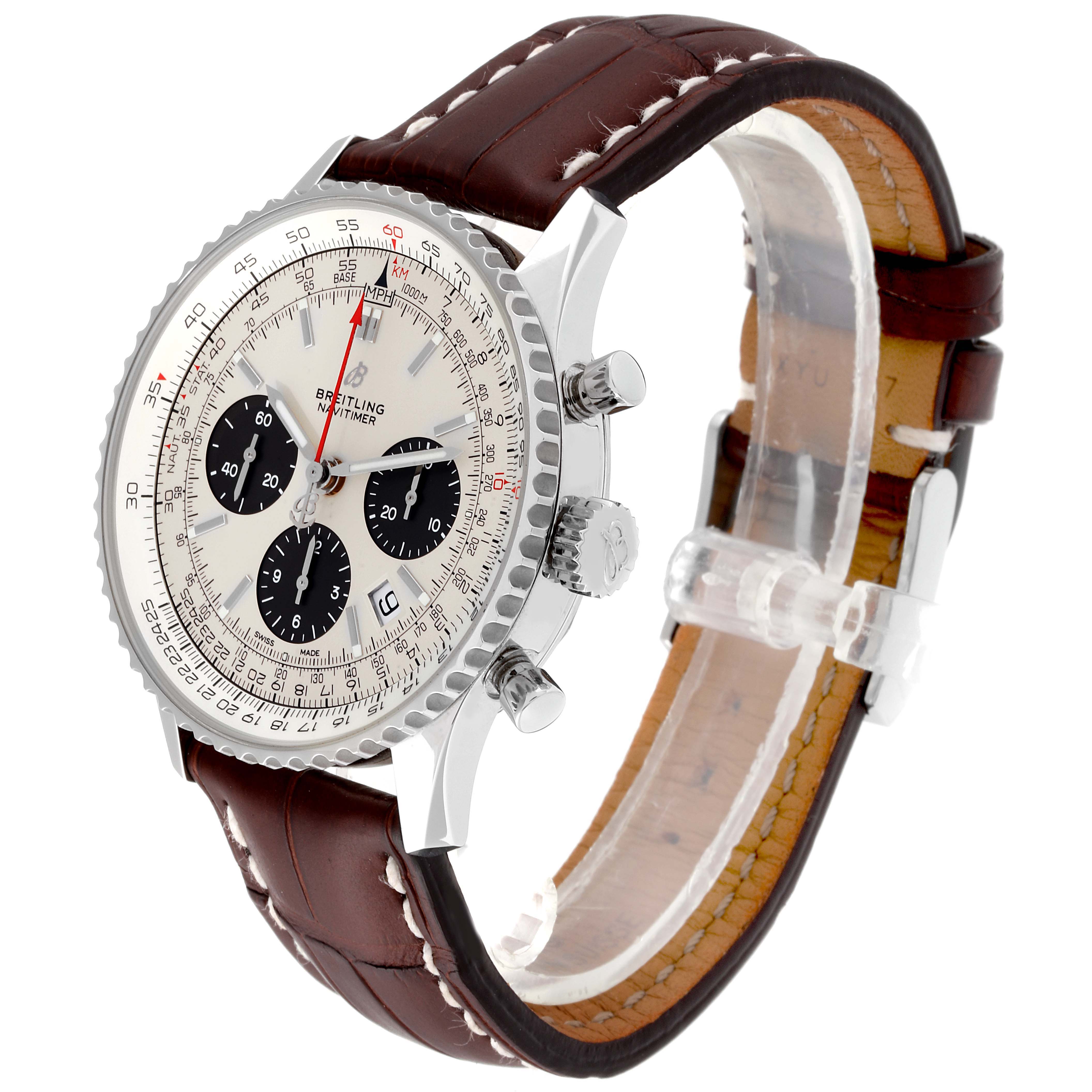 The Breitling Navitimer AB0120 Men's Stainless Steel Silver Dial AB0120 Men's Stainless Steel Silver Dial watch is shown at a three-quarter angle, highlighting the face, chronograph dials, and brown leather strap.