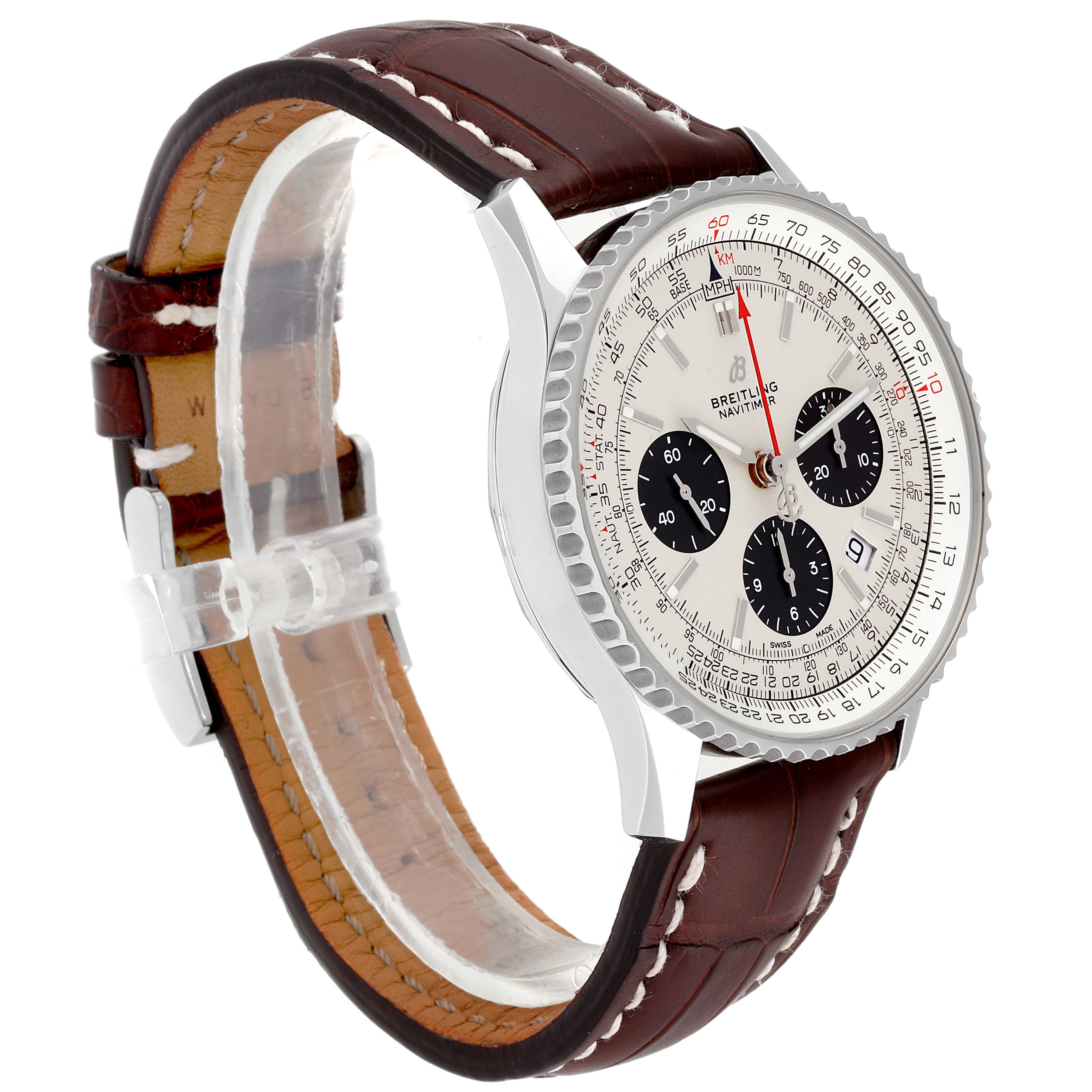 The Breitling Navitimer AB0120 Men's Stainless Steel Silver Dial AB0120 Men's Stainless Steel Silver Dial watch is shown at a slight angle, displaying the dial, case, and brown leather strap.