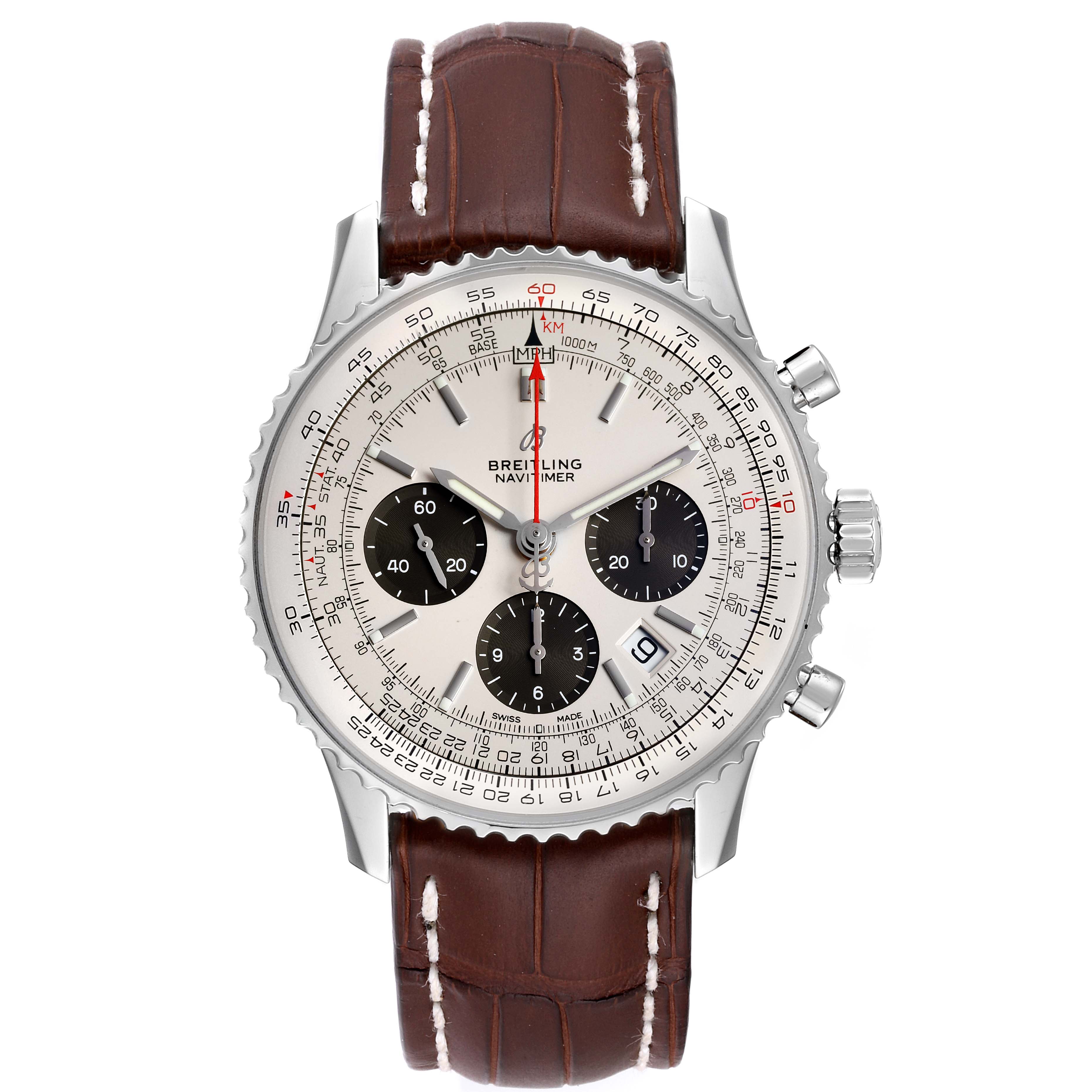 This image shows a front view of the Breitling Navitimer AB0120 Men's Stainless Steel Silver Dial AB0120 Men's Stainless Steel Silver Dial watch, displaying its dial, bezel, crown, pushers, and leather strap.
