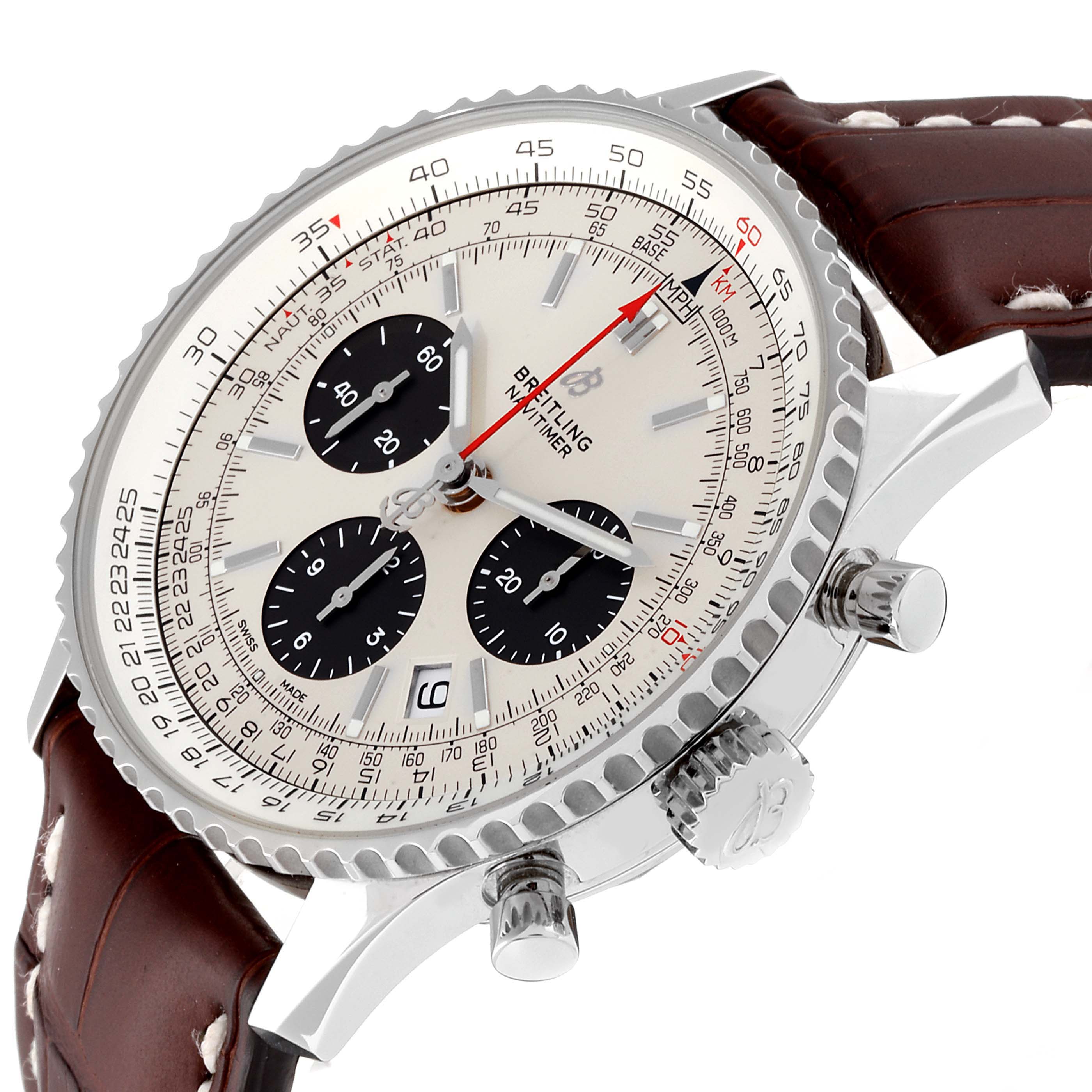 The Breitling Navitimer AB0120 Men's Stainless Steel Silver Dial AB0120 Men's Stainless Steel Silver Dial watch is shown at an angle showcasing its face, bezel, pushers, and leather strap.