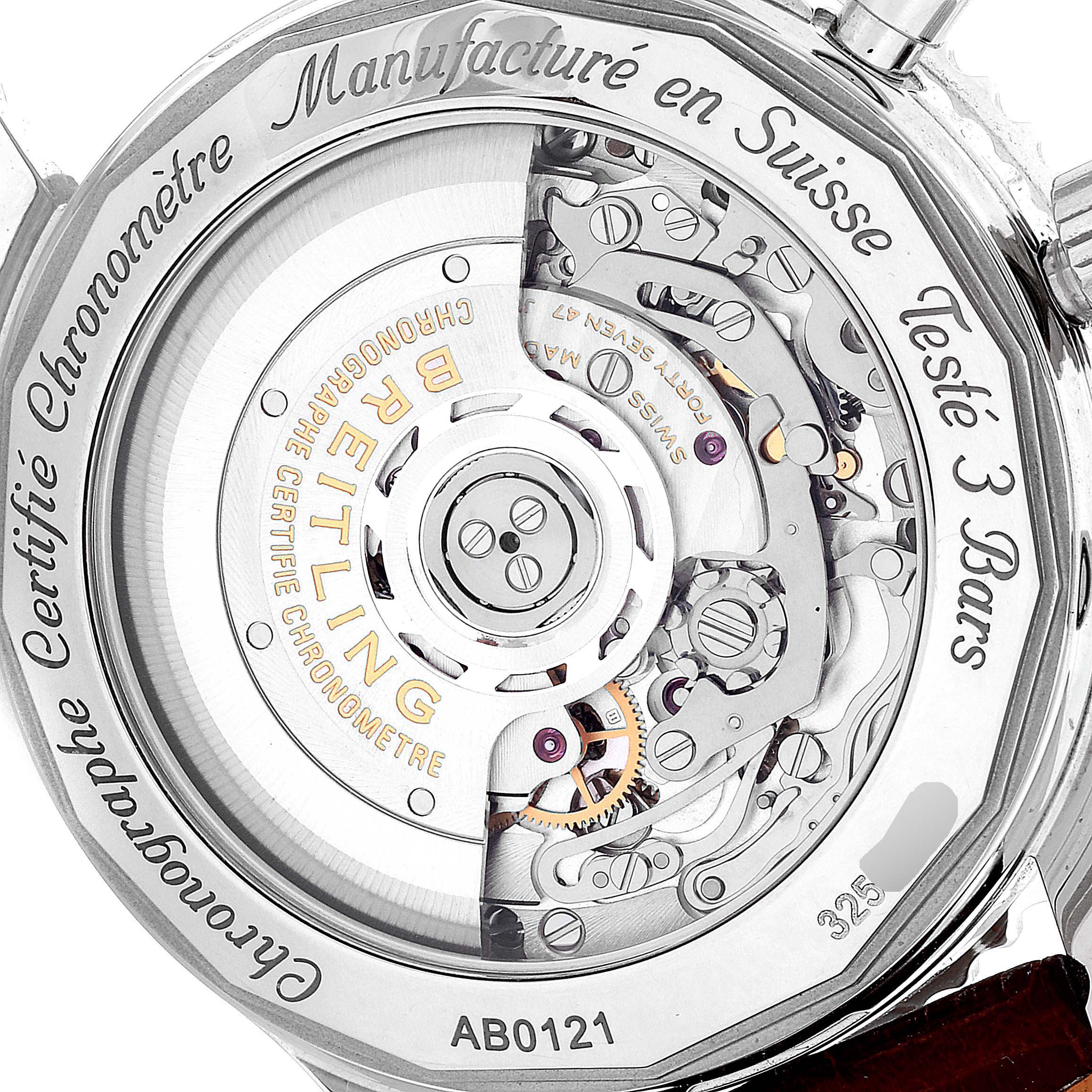 This is an image of the back of a Breitling Navitimer AB0120 Men's Stainless Steel Silver Dial AB0120 Men's Stainless Steel Silver Dial watch, showing the exposed internal mechanical movement.