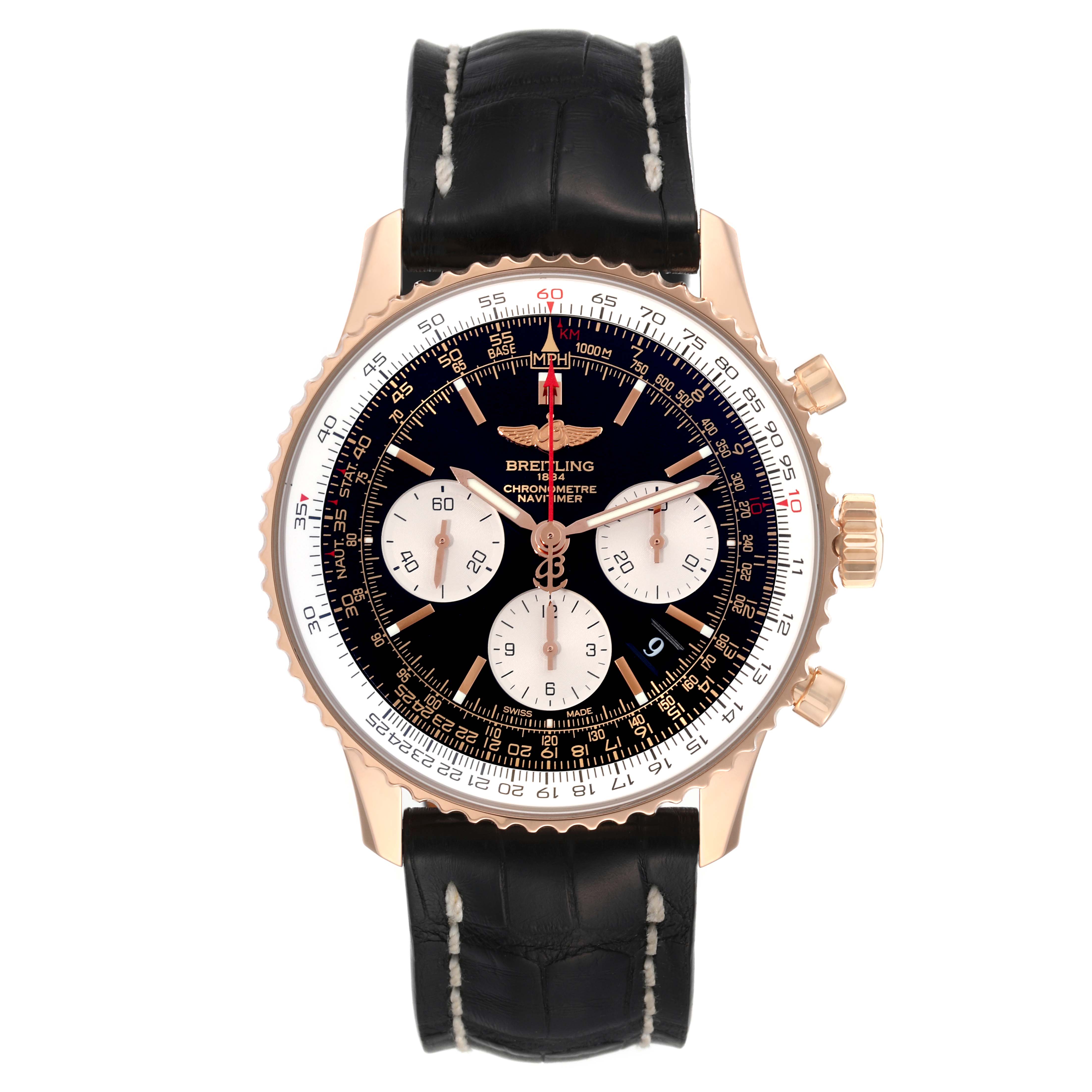 This image shows a front view of the Breitling Navitimer RB0120 Men's Rose Gold Black Dial RB0120 Men's Rose Gold Black Dial watch, highlighting its dial, subdials, bezel, and leather strap.