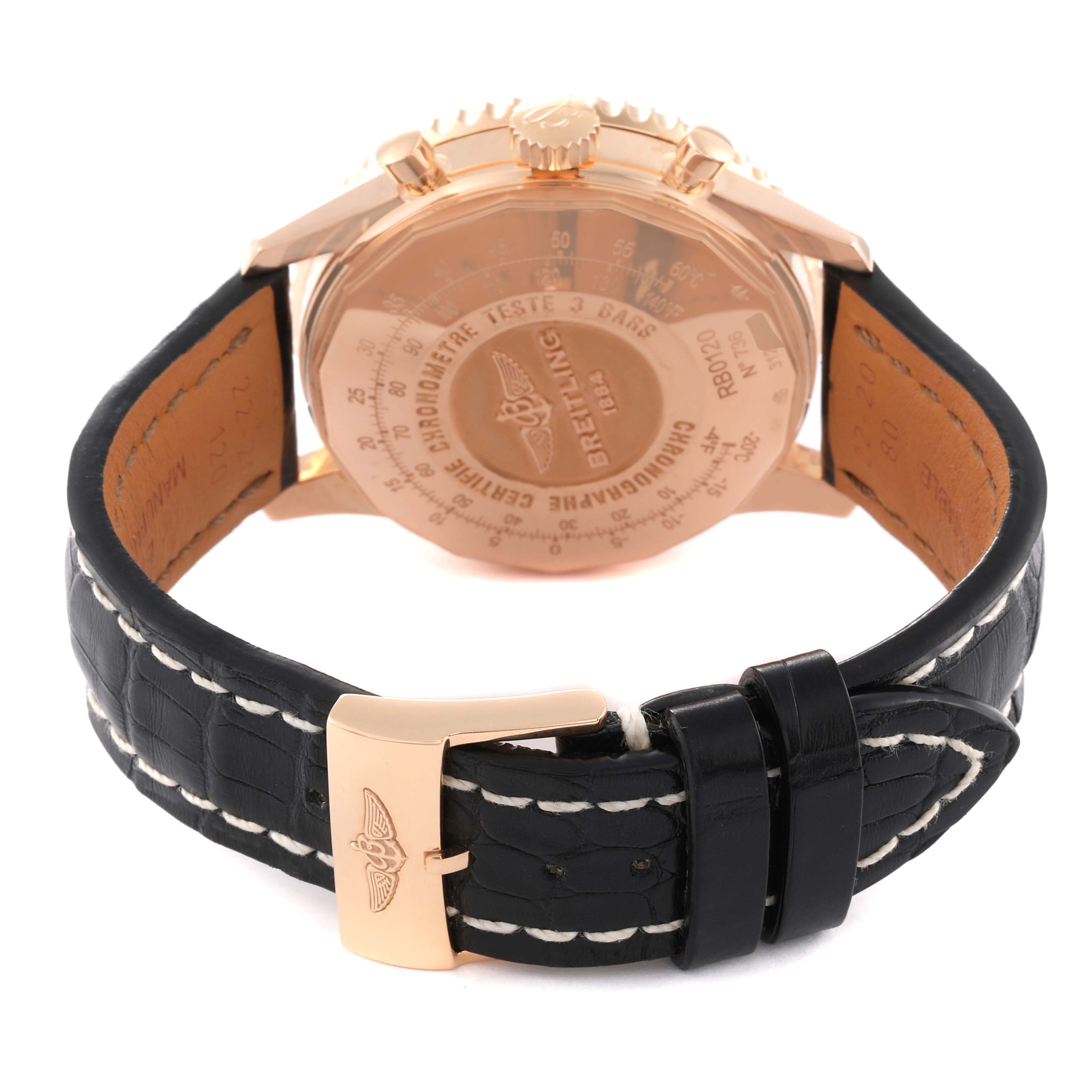 The image shows the Breitling Navitimer RB0120 Men's Rose Gold Black Dial RB0120 Men's Rose Gold Black Dial's back case and leather strap from a rear angle.