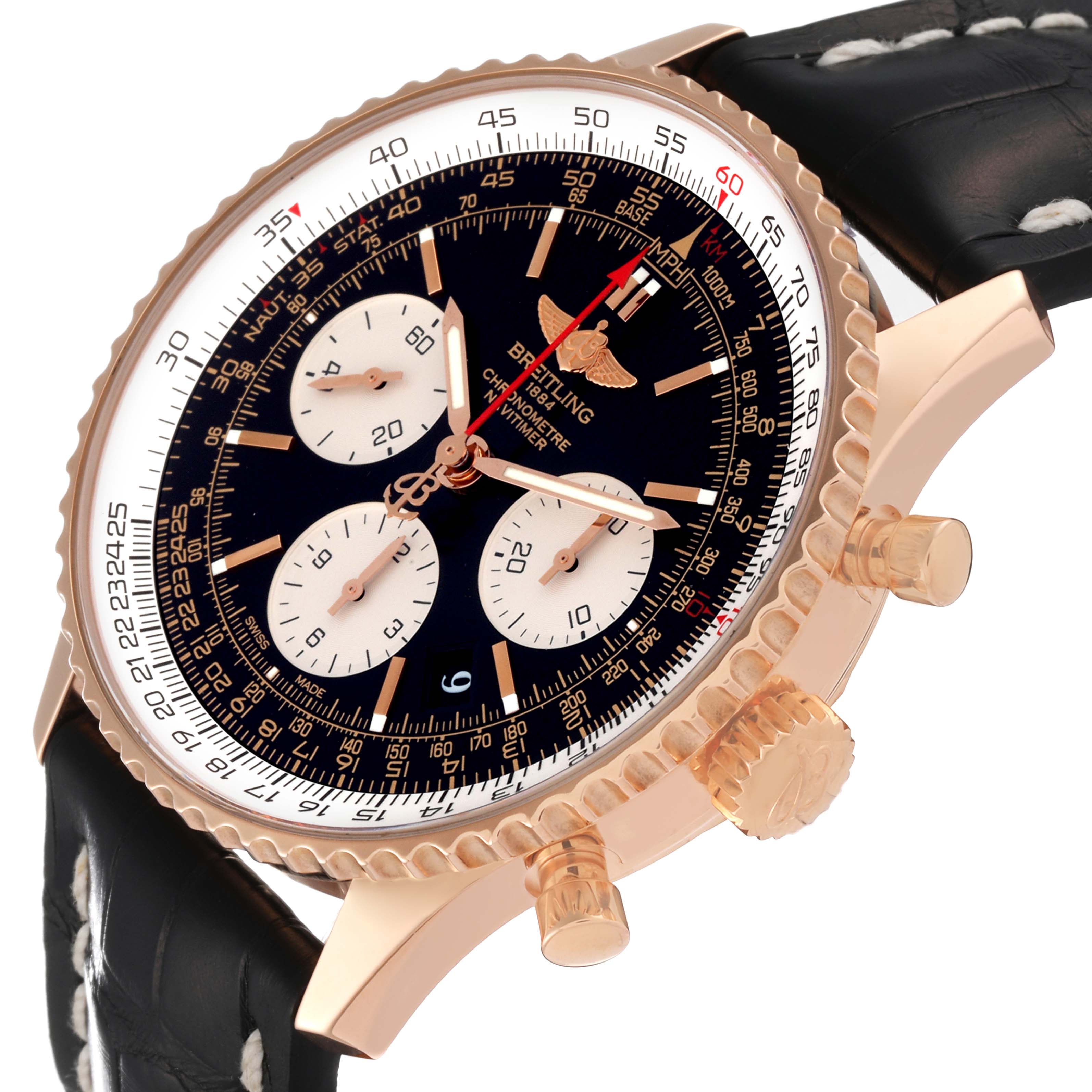 The Breitling Navitimer RB0120 Men's Rose Gold Black Dial RB0120 Men's Rose Gold Black Dial watch is shown from a slight side angle, displaying its face, bezel, crown, pushers, and black leather strap.