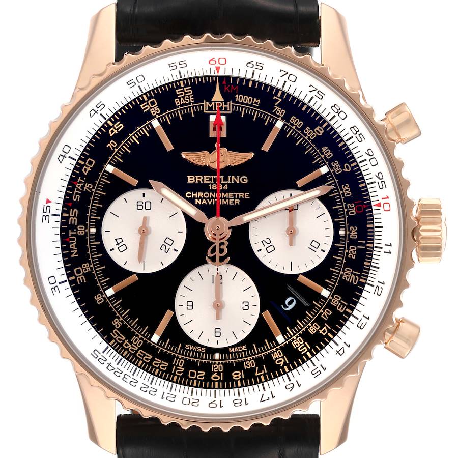 This is a close-up, front view of a Breitling Navitimer RB0120 Men's Rose Gold Black Dial RB0120 Men's Rose Gold Black Dial watch showcasing the face, bezel, and part of the strap.