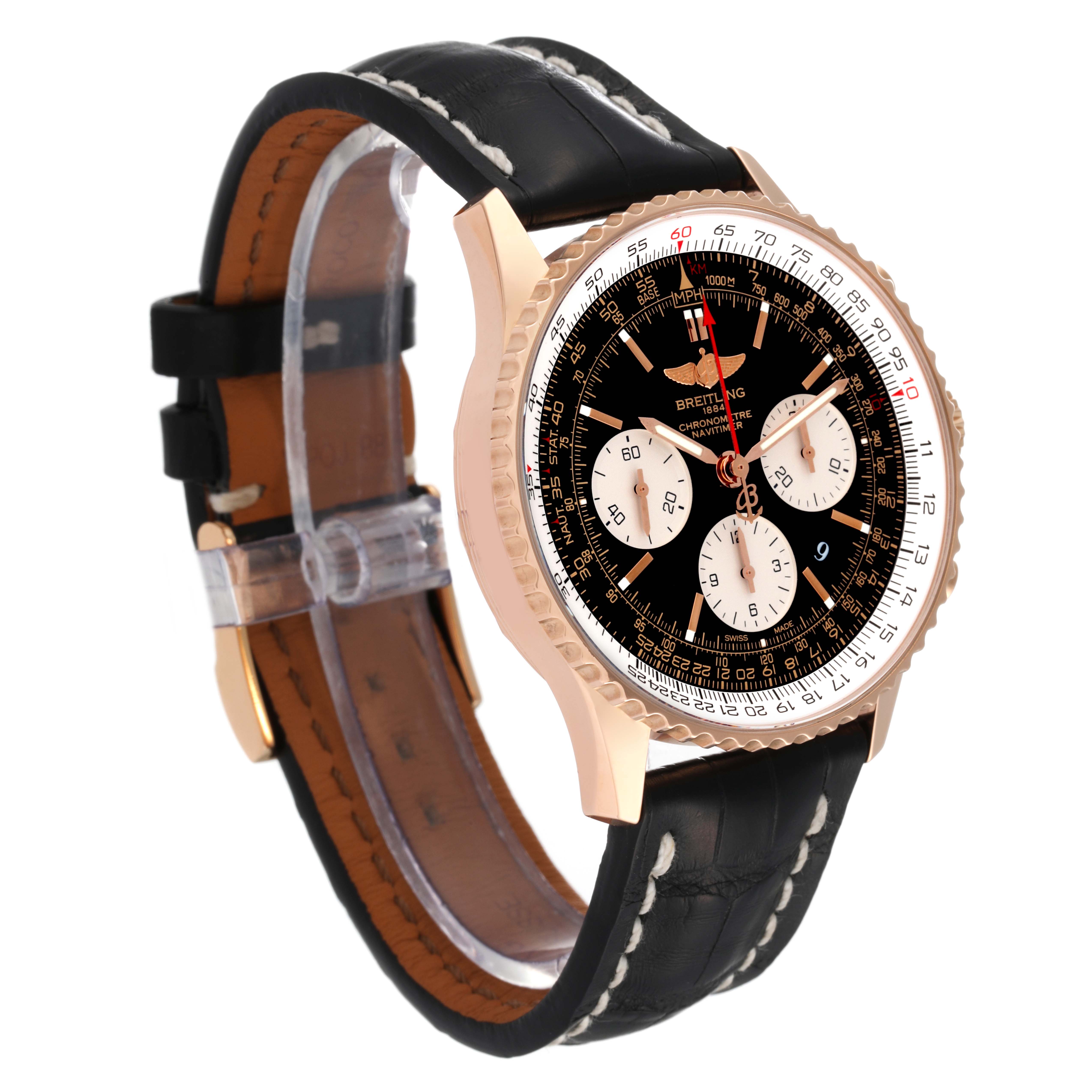 The image shows a Breitling Navitimer RB0120 Men's Rose Gold Black Dial RB0120 Men's Rose Gold Black Dial watch at a three-quarter angle, featuring a black dial, rose gold case, and black leather strap.