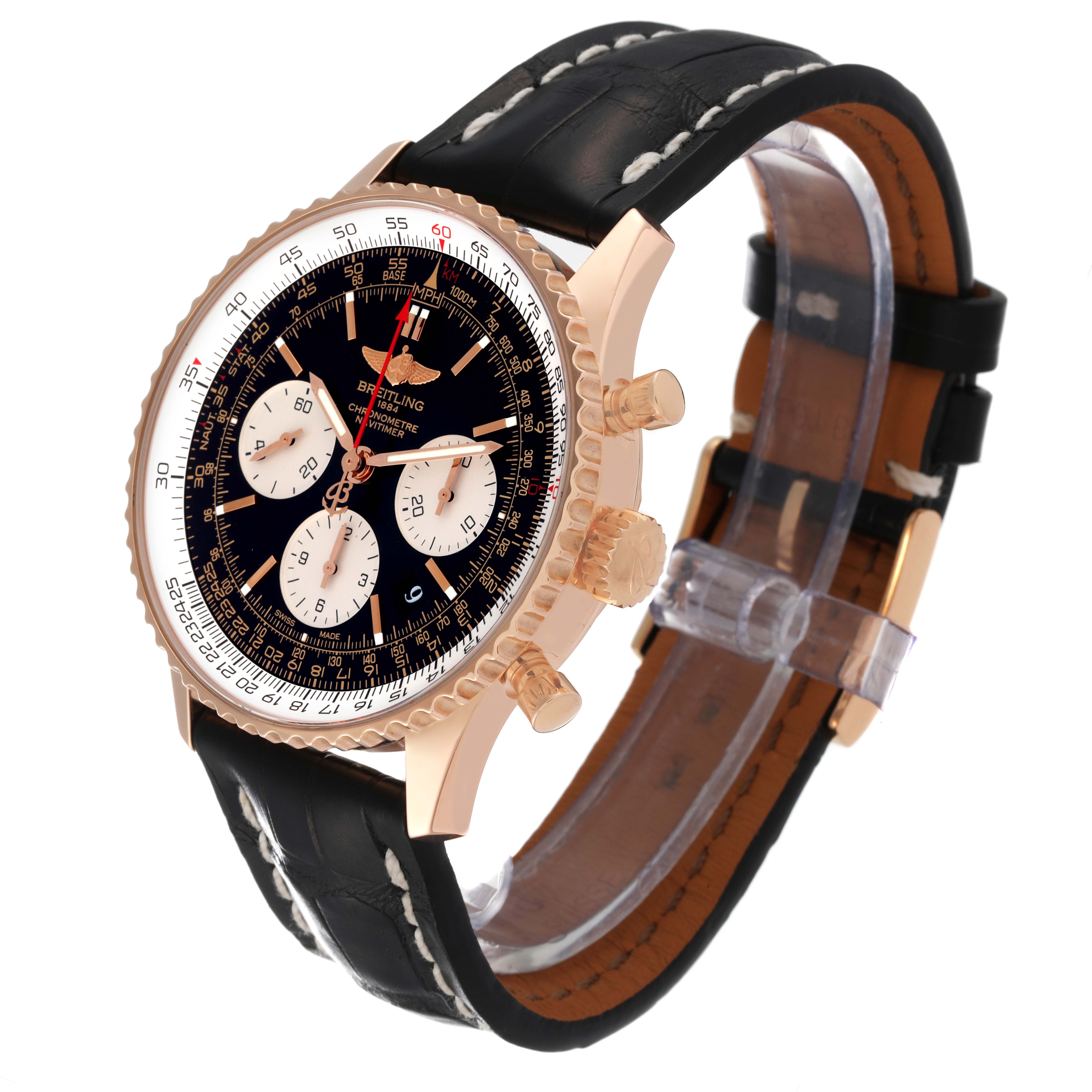 The Breitling Navitimer RB0120 Men's Rose Gold Black Dial RB0120 Men's Rose Gold Black Dial watch is shown at a slight angle, highlighting its face, bezel, three chronograph subdials, and leather strap.