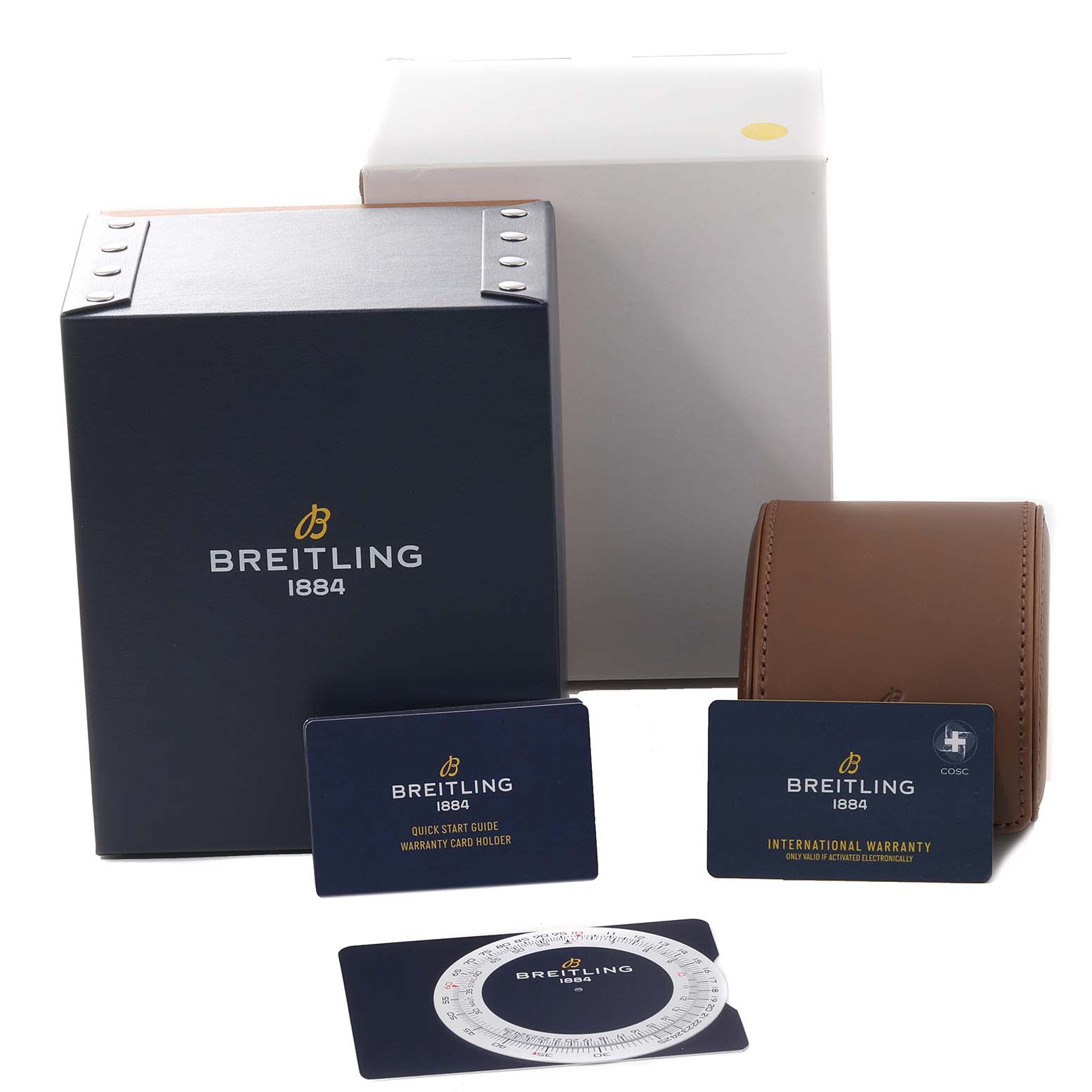 The image shows a Breitling Navitimer RB0120 Men's Rose Gold Black Dial RB0120 Men's Rose Gold Black Dial watch box, leather case, warranty card, quick start guide, and a Breitling-branded slide rule.