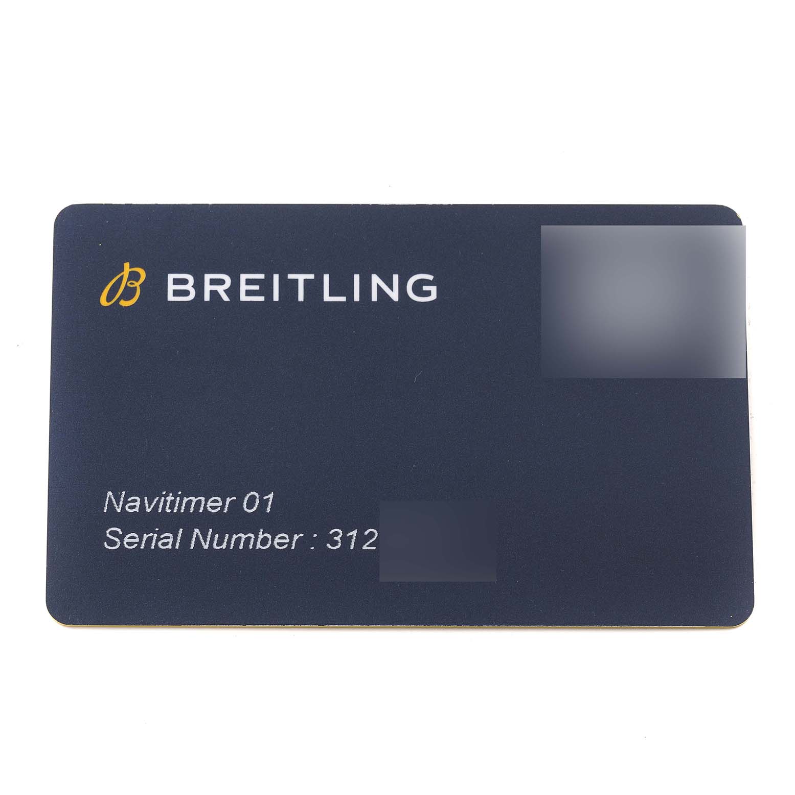 This image shows a warranty card for the Breitling Navitimer RB0120 Men's Rose Gold Black Dial RB0120 Men's Rose Gold Black Dial 01, displaying the brand logo, model name, and serial number.