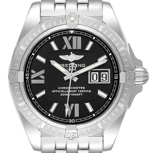 The image shows a front view of a Breitling Galactic A49350 Men's Stainless Steel Black Dial A49350 Men's Stainless Steel Black Dial model watch with a black dial, date display, and stainless steel bracelet.