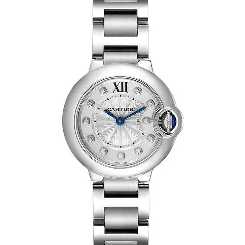 The image shows a front view of a Ballon Bleu de Cartier watch, highlighting the face, bezel, and metal bracelet.
