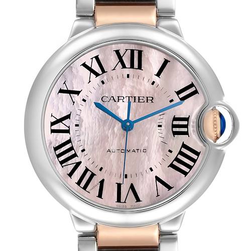 The Cartier Ballon Bleu W6920033 Women's Steel and Gold (two tone) Mother of Pearl Dial watch is shown from a front angle, highlighting the face, Roman numerals, and crown.