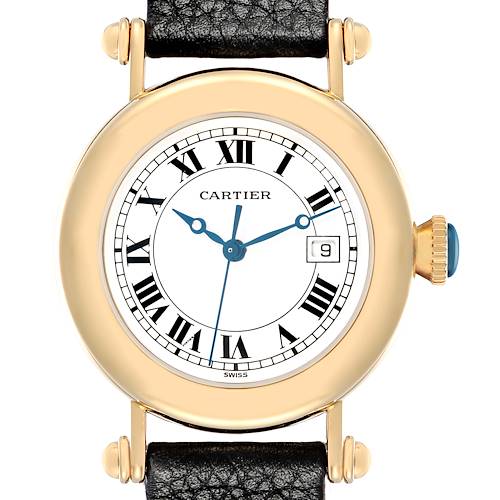 The Cartier Diabolo W1507651 Women's Yellow Gold White Dial watch is shown from a front angle, highlighting its round gold case, white dial with Roman numerals, and black leather strap.