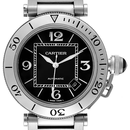 This image shows a front view of the Cartier Pasha W31077M7 Men's Stainless Steel Black Dial W31077M7 Men's Stainless Steel Black Dial model watch, highlighting its dial, bezel, and crown.