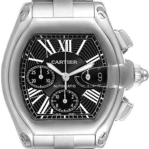 The Cartier Roadster W62020X6 Men's Stainless Steel Black Dial W62020X6 Men's Stainless Steel Black Dial watch is shown from the front angle, highlighting the face, dial, and metal bracelet.