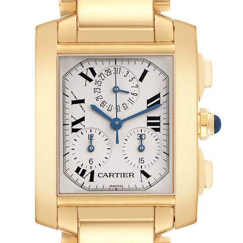 The Cartier Tank Française watch is shown from the front, displaying its gold case, blue hands, and Roman numerals.