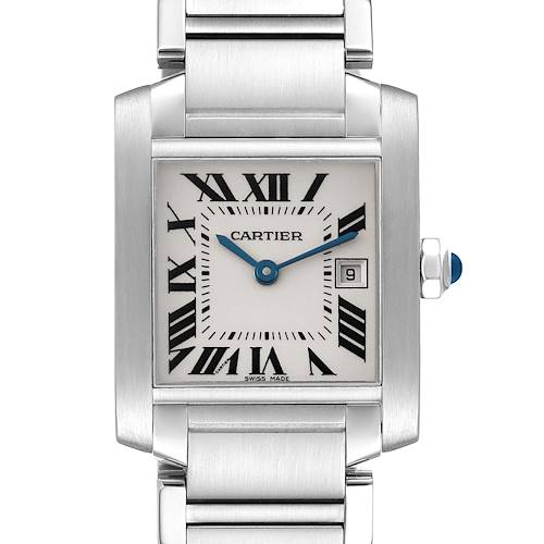 This is a front view of the Cartier Tank Francaise W51011Q3 Women's Stainless Steel Silver Dial W51011Q3 Women's Stainless Steel Silver Dial watch, showing the face, Roman numerals, date window, and a portion of the metal bracelet.