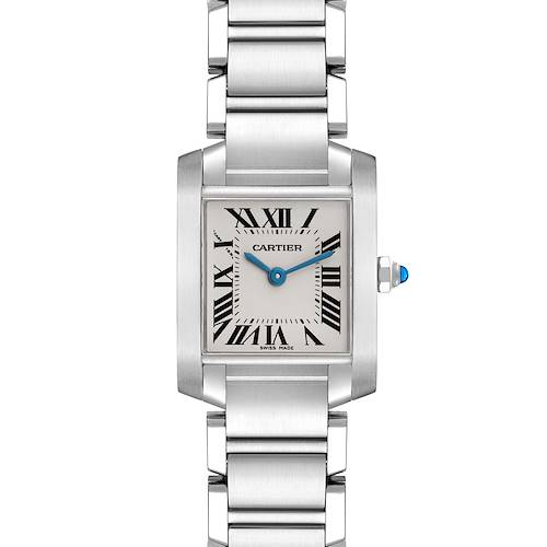 The image shows the Cartier Tank Francaise W51008Q3 Women's Stainless Steel Silver Dial W51008Q3 Women's Stainless Steel Silver Dial watch from a top-down angle, highlighting the face, bracelet, and crown.