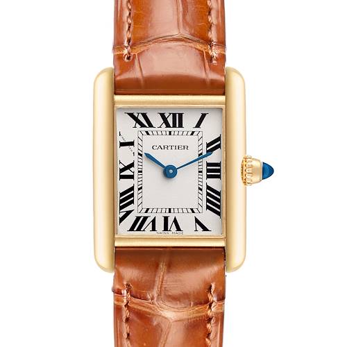 The Cartier Tank Louis W1529856 Women's Yellow Gold Silver Dial watch is shown from the front, displaying its face, rectangular case, leather strap, and crown with a blue gem.