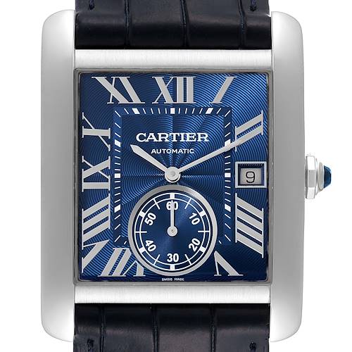 This is a close-up view of the Cartier Tank MC WSTA0010 Men's Stainless Steel Blue Dial WSTA0010 Men's Stainless Steel Blue Dial watch face, showing the dial, hands, date, and part of the strap and crown.