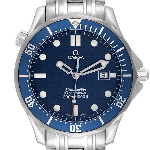 The Omega Seamaster 2541.80.00 Men's Stainless Steel Blue Dial watch is shown from the front, displaying its face, bezel, bracelet, and crown.