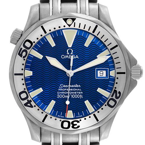 The Omega Seamaster 2231.80.00 Men's Titanium Blue Dial watch is shown from a frontal angle, highlighting the face, bezel, and partial bracelet links.