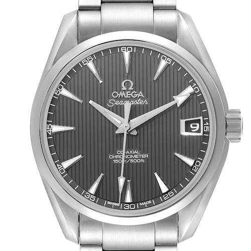The Omega Aqua Terra 231.10.39.21.06.001 Men's Stainless Steel Grey Dial watch is shown from the front, highlighting the dial, bezel, and part of the bracelet.