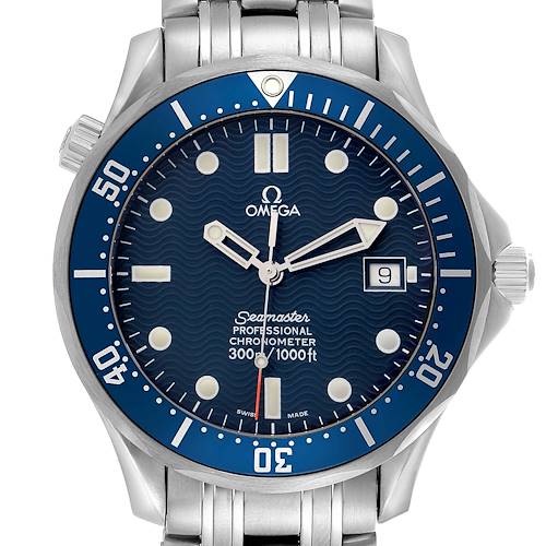 The Omega Seamaster 2531.80.00 Men's Stainless Steel Blue Dial watch is shown from a front angle, highlighting its face, bezel, and part of the bracelet.