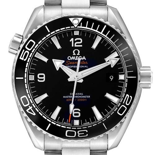 The Omega Seamaster 215.30.44.21.01.001 Men's Stainless Steel Black Dial watch is shown from a front angle, highlighting the bezel, dial, and part of the bracelet.