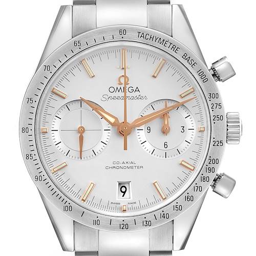 The image shows a front view of an Omega Speedmaster 331.10.42.51.02.002 Men's Stainless Steel Silver Dial 331.10.42.51.02.002 Men's Stainless Steel Silver Dial watch, highlighting its dial, chronograph subdials, and tachymeter scale bezel.