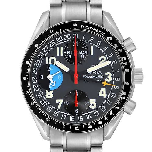 The Omega Speedmaster 3520.53.00 Men's Stainless Steel Grey Dial watch is shown head-on, highlighting the dial, tachymeter bezel, and pushers.