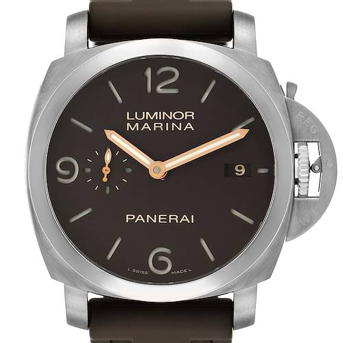 The Panerai Luminor PAM00351 Men's Titanium Brown Dial watch is shown from a front angle, displaying its dial, crown guard, and strap attachment.