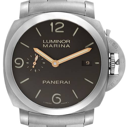 This image shows a front view of the Panerai Luminor PAM00352 Men's Titanium Brown Dial PAM00352 Men's Titanium Brown Dial Marina watch, highlighting the dial, hands, date window, and crown protector.