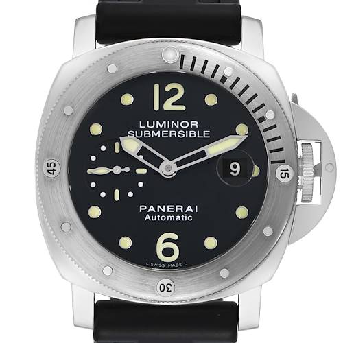 The Panerai Luminor PAM00024 Men's Stainless Steel Black Dial watch is shown from the front, highlighting the dial, bezel, and crown guard.