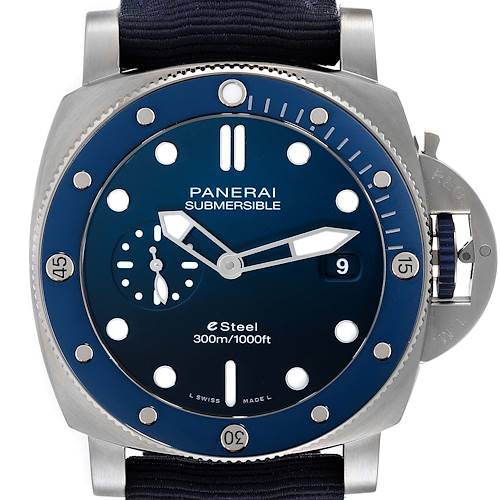 The image shows a front view of the Panerai Submersible PAM01289 Men's Stainless Steel Blue Dial PAM01289 Men's Stainless Steel Blue Dial watch, highlighting the dial, bezel, and crown guard.