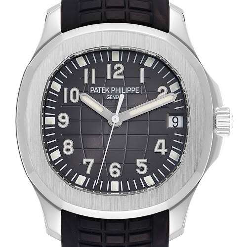 The image shows a straight-on view of the Patek Philippe Aquanaut 5165A Men's Stainless Steel Grey Dial watch, highlighting its dial, bezel, and crown.