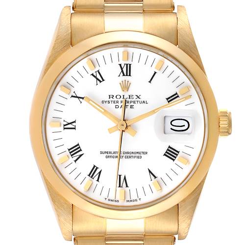 The image shows a front view of the Rolex Vintage Collection 15008 Men's Yellow Gold White Dial 15008 Men's Yellow Gold White Dial Oyster Perpetual Date watch, highlighting its white dial, Roman numerals, and gold bracelet.