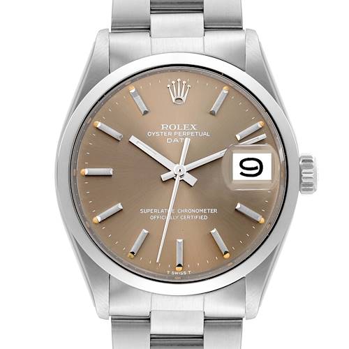 This image shows the front view of a Rolex Vintage Collection 1500 Men's Stainless Steel Brown Dial 1500 Men's Stainless Steel Brown Dial watch, highlighting its dial, hands, and bracelet.